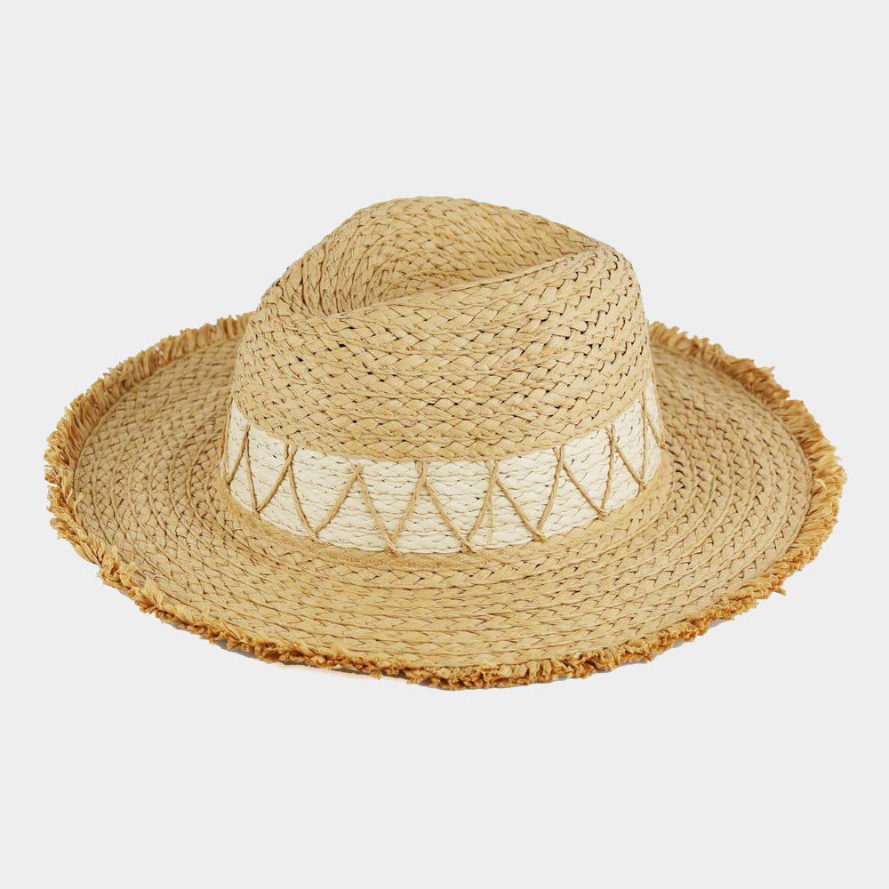 Chevron Band Frayed Two Tone Straw Sun Hat