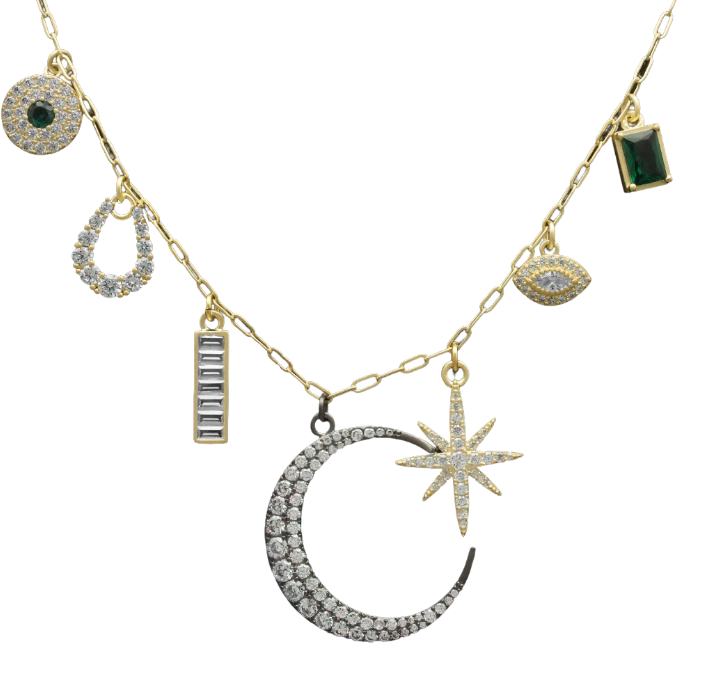 Charm necklace with star, horseshoe, evil eye and black cresent moon charm