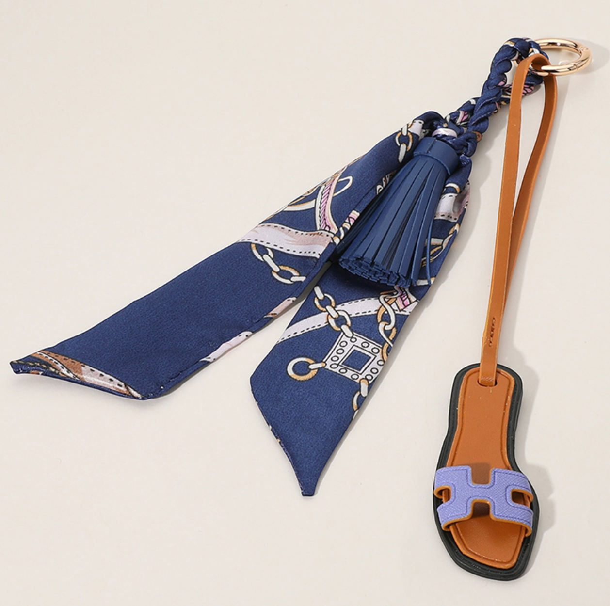 Faux Leather Slipper Keychain / Bag Charm with Tassel Abstract Pattern Printed Mini Scarf