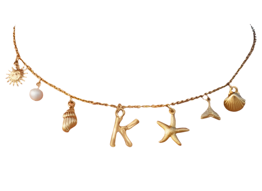 Initial Charm Necklace with Gold Charms Pendant Boho Summer Seashell Beach Inspired by LOVE ISLAND