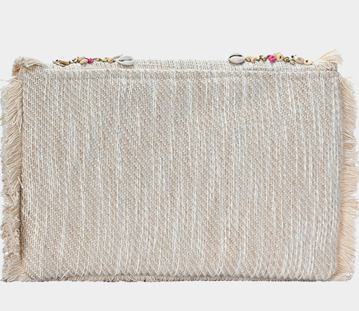 Puka Shell Embroidered Aztec Fringe Detail Jute Clutch Bag