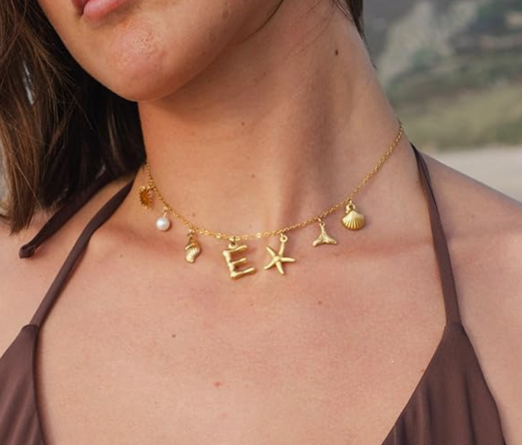 Initial Charm Necklace with Gold Charms Pendant Boho Summer Seashell Beach Inspired by LOVE ISLAND