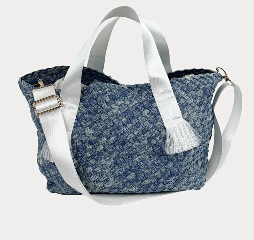 Daria Large Woven Denim Tote w/ Contrast Handles w/ Crossbody Strap