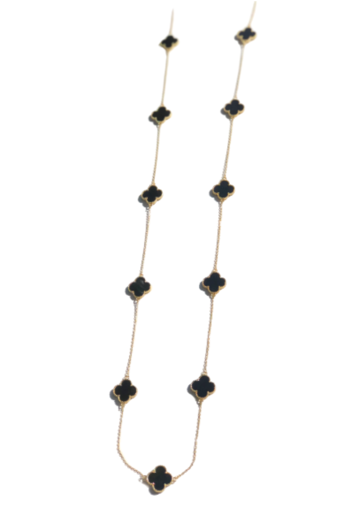 14K gold dipped black clover long necklace