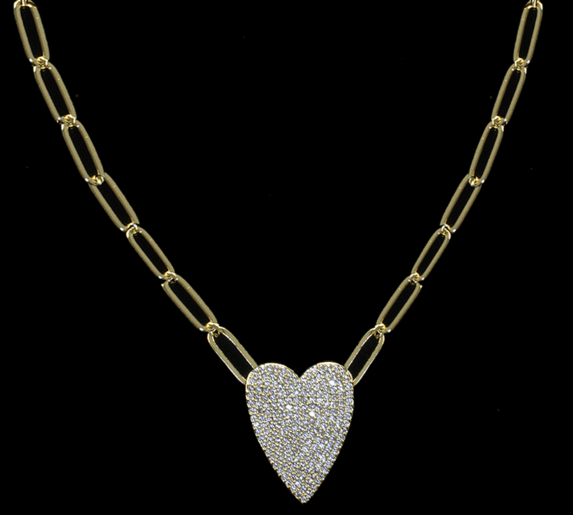 Paperclip Chain Pave Heart Necklace