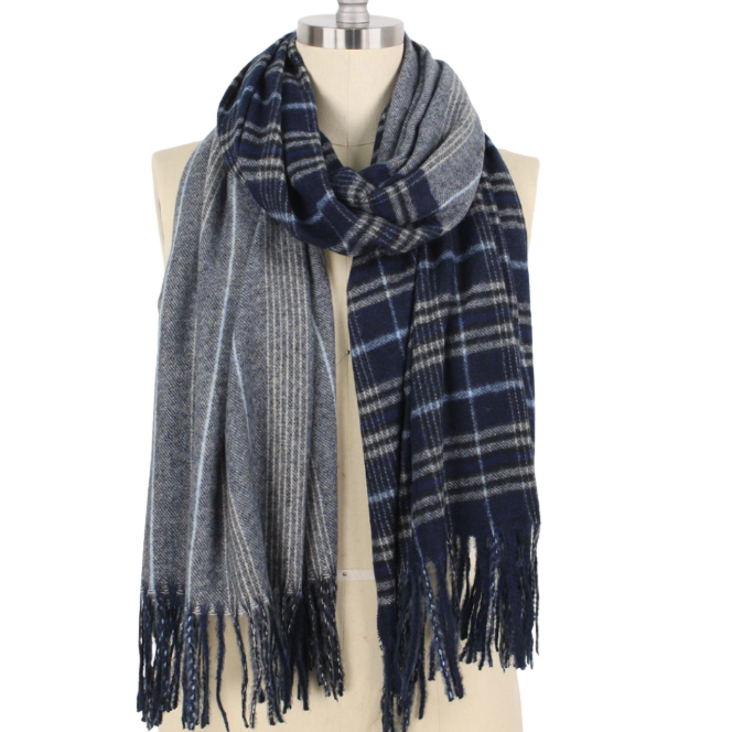 Navy Plaid Check Tassel Oblong Scarf