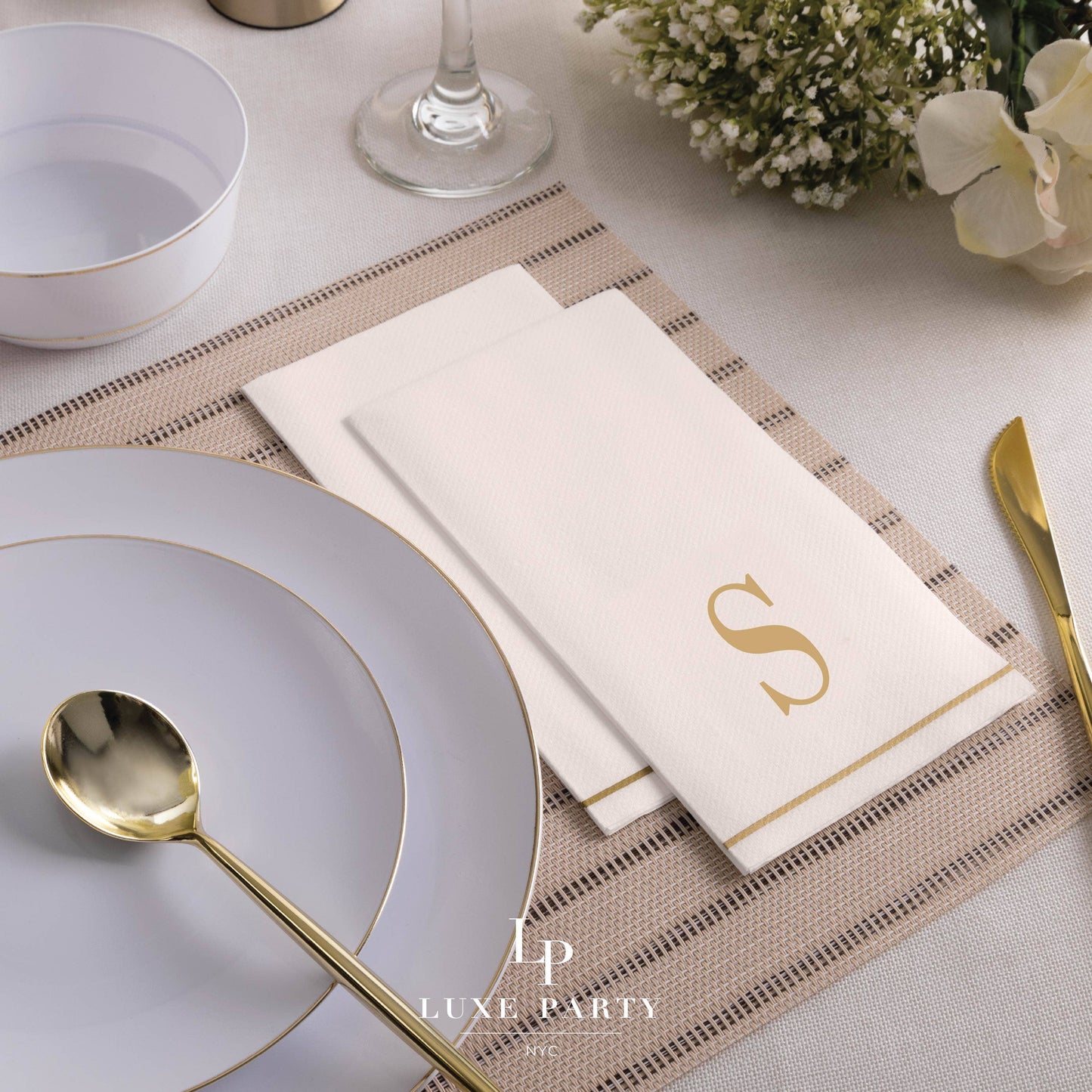 S Gold Monogram Paper Disposable Dinner Napkins | 14 Napkins