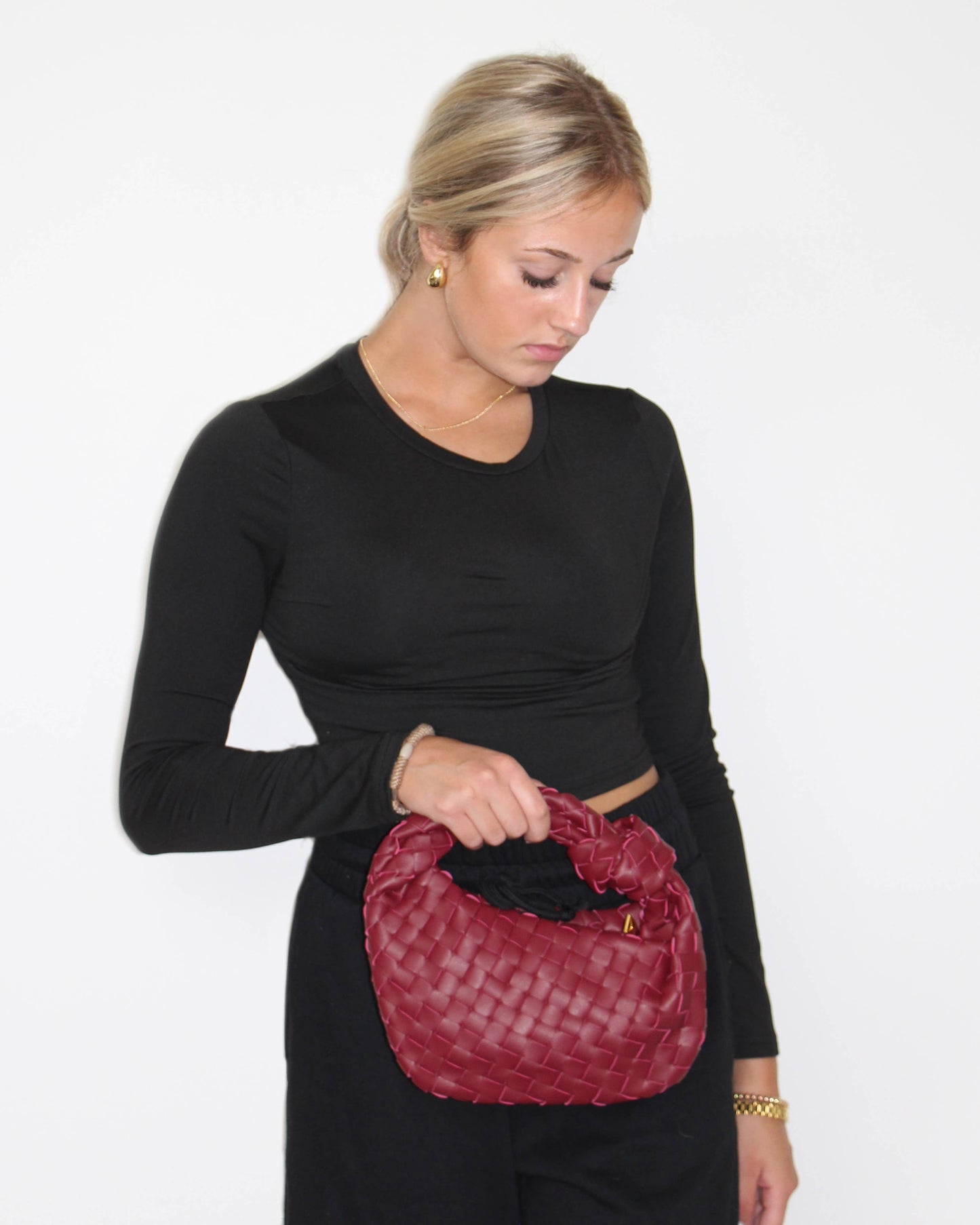 Ava Woven Knotted Handbag Burgundy 