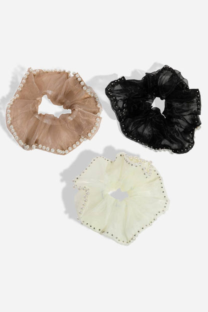 Pearl Trim Three Piece Scrunchie Set