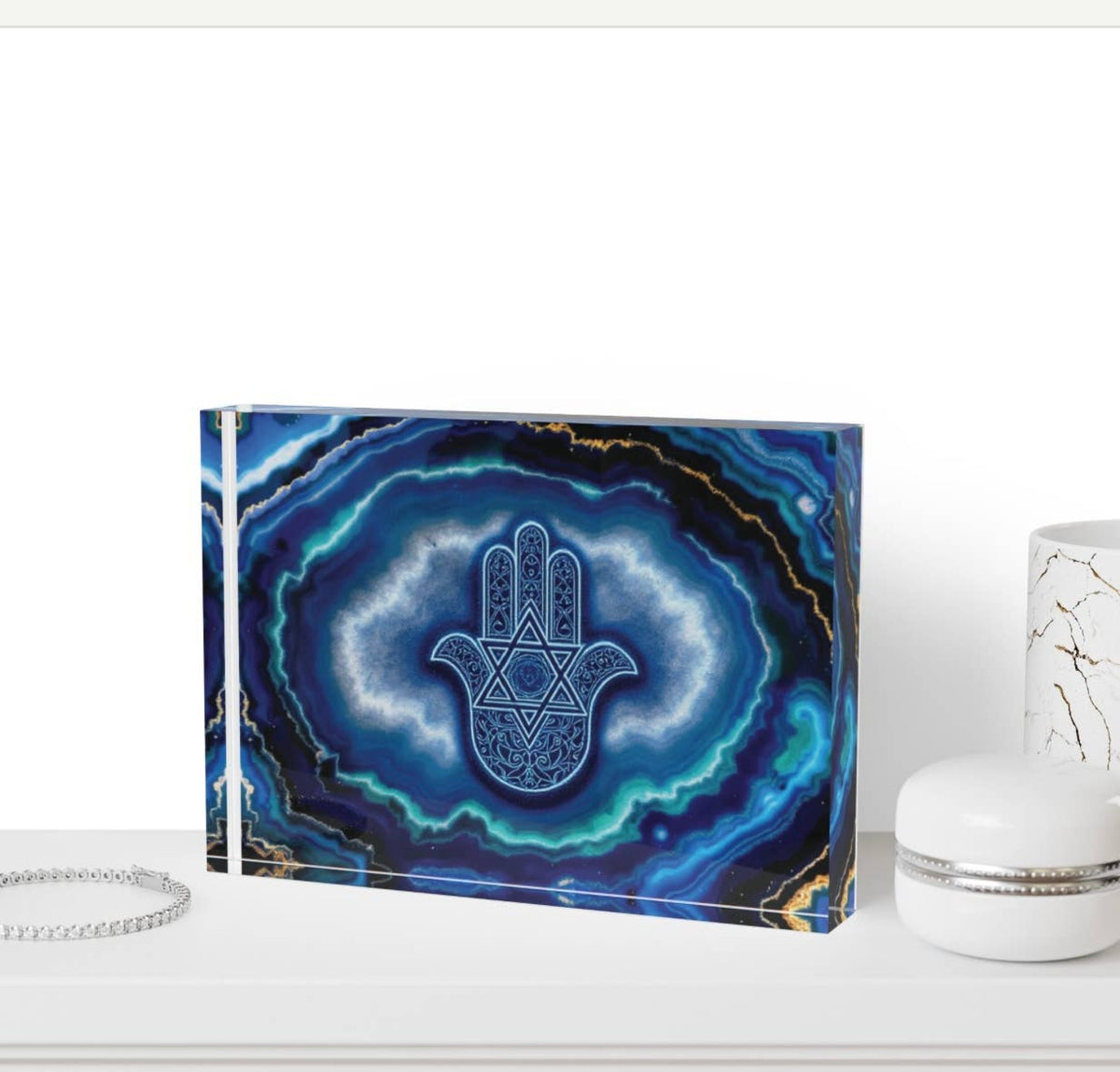Hamsa Jewish Star Agate Crystal Block  Table Decor   