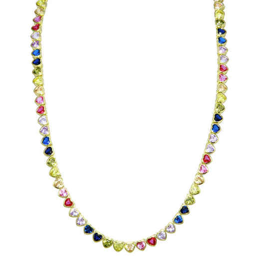 Rainbow Bezel Heart Tennis Necklace