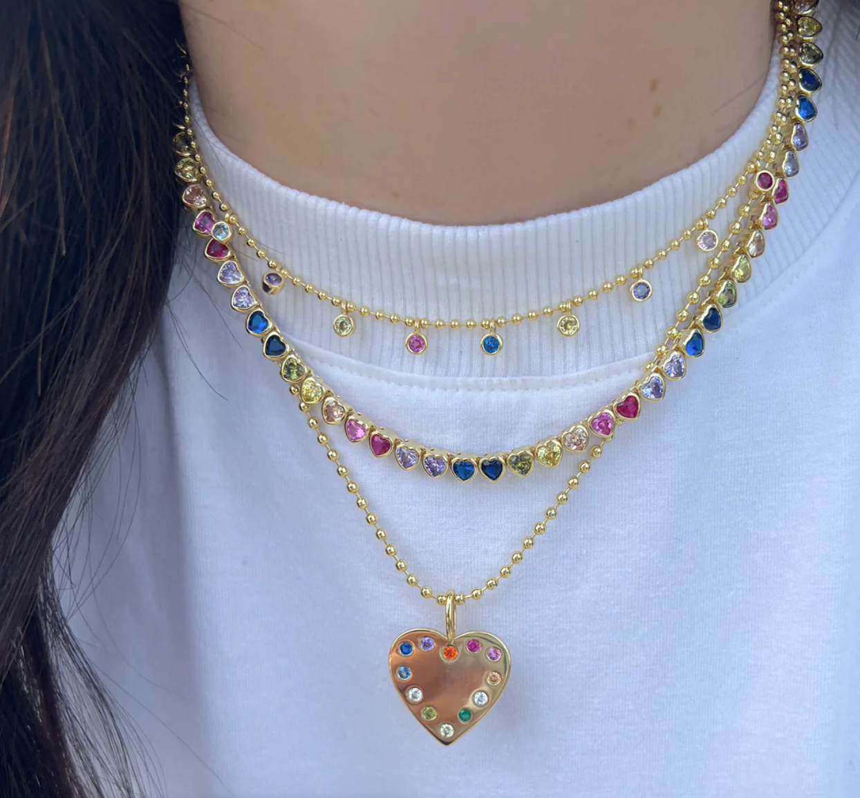 Rainbow Bezel Heart Tennis Necklace
