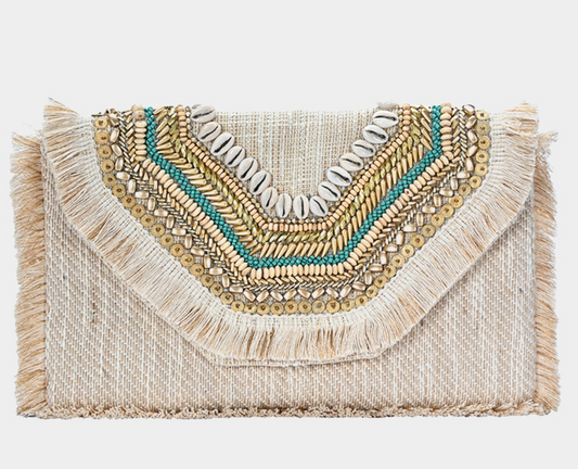 Puka Shell Embroidered Aztec Fringe Detail Jute Clutch Bag