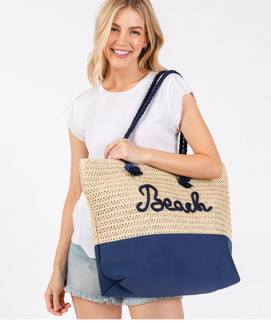 BEACH Message Embroidered Rope Handle Crochet Fabric Tote Bag / Beach Bag