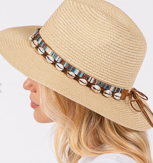 Straw Sun Hat with Puka Sell And Multi Colored Band