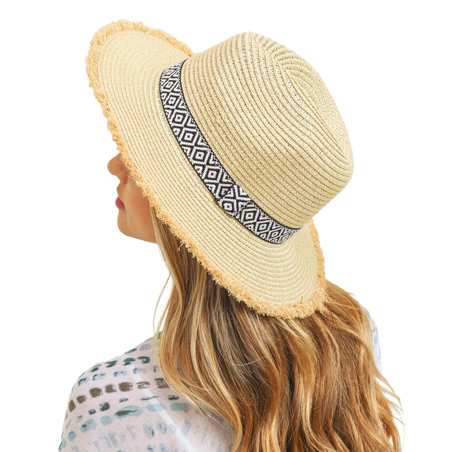 Frayed Trim Aztec Straw Hat