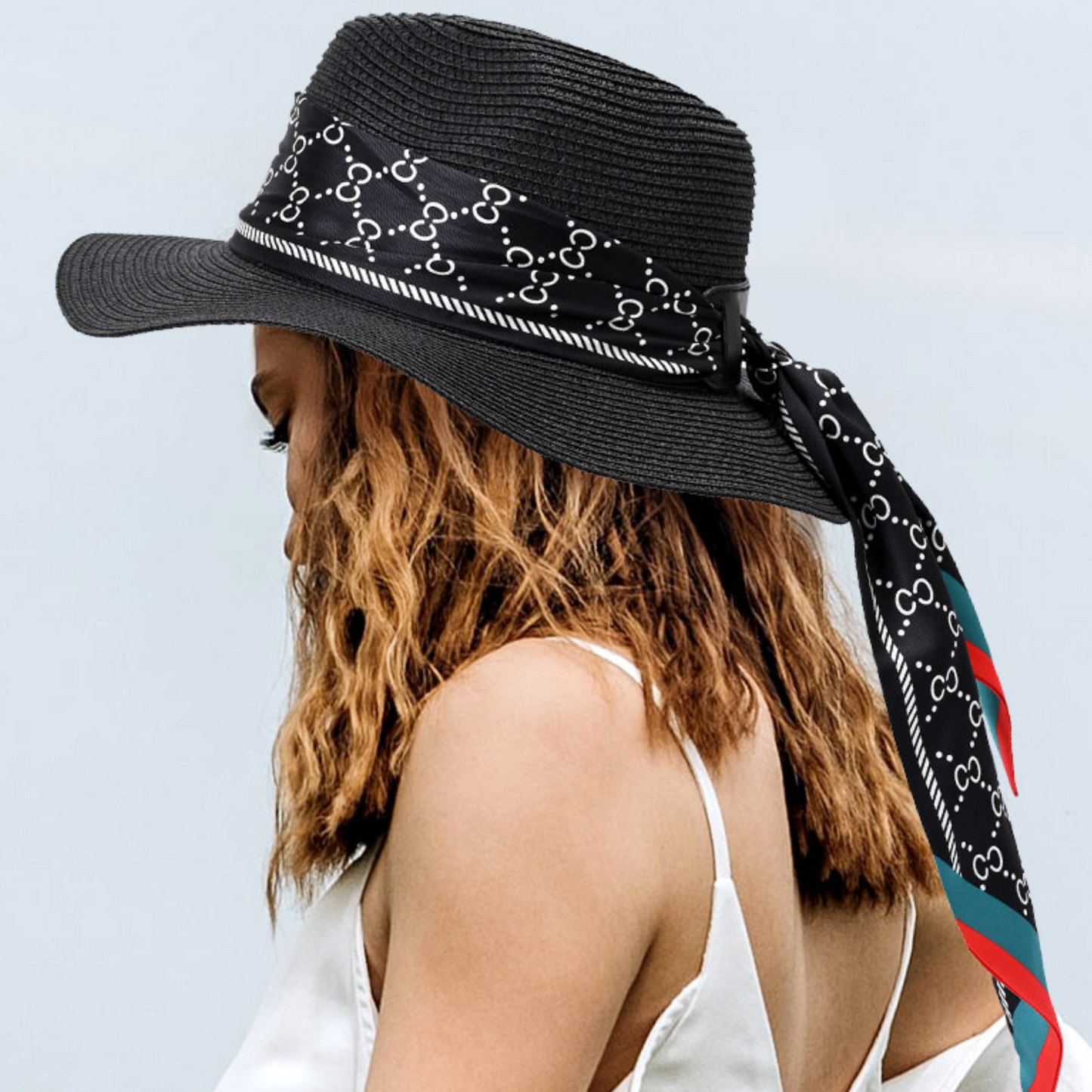 Patterned Scarf Band Straw Sun Hat