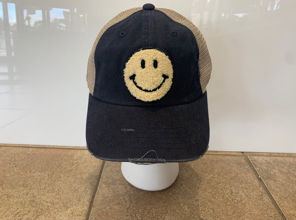 Black Smiley face Baseball Cap with Mesh Sides