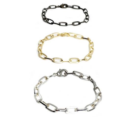 gold, silver, gunmetal paperclip chain bracelet