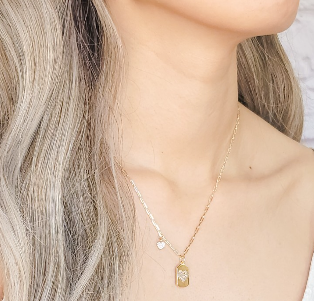 Tiny Paperclip Chain Necklace with Heart Tag