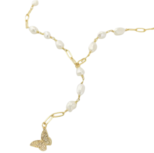 Butterfly Pearl Chain Lariat Necklace