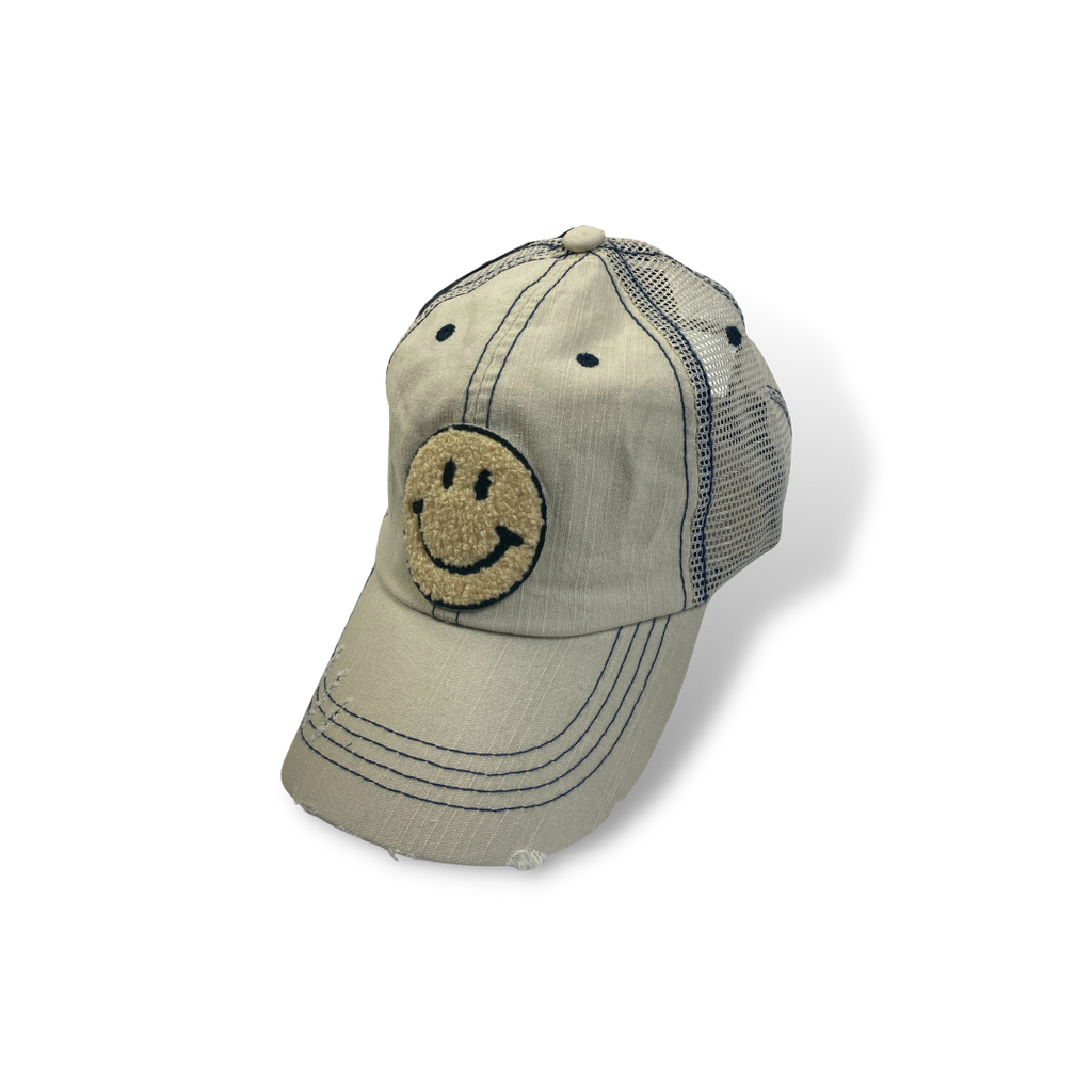Distressed Denim Smiley Baseball Cap