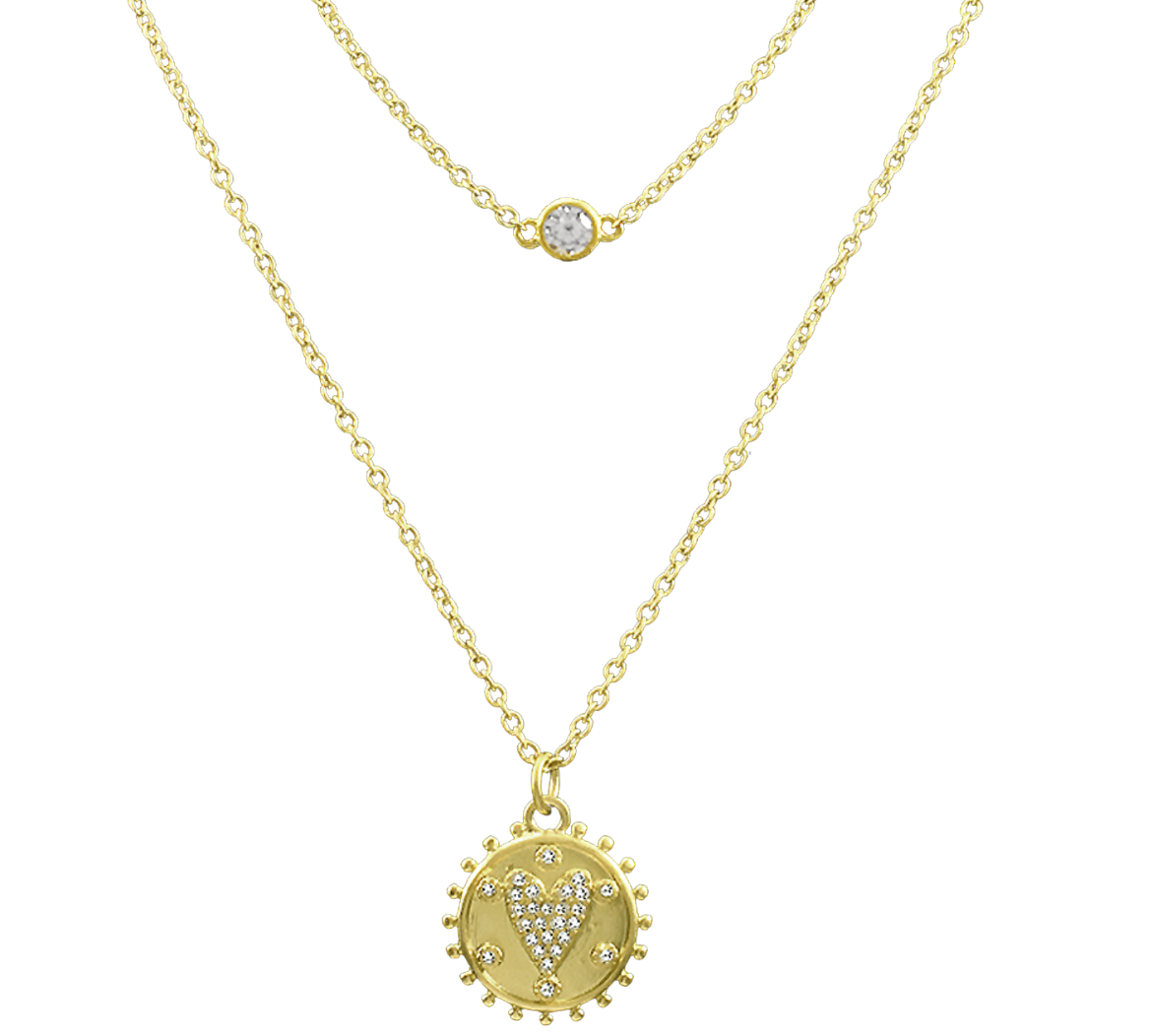 Gold Disc with Pave Heart Y Necklace