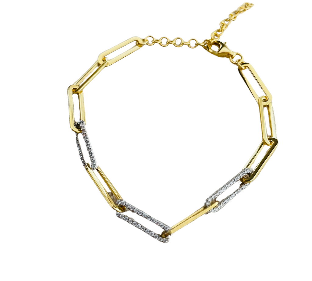 Two Tone CZ Paperclip Bracelet