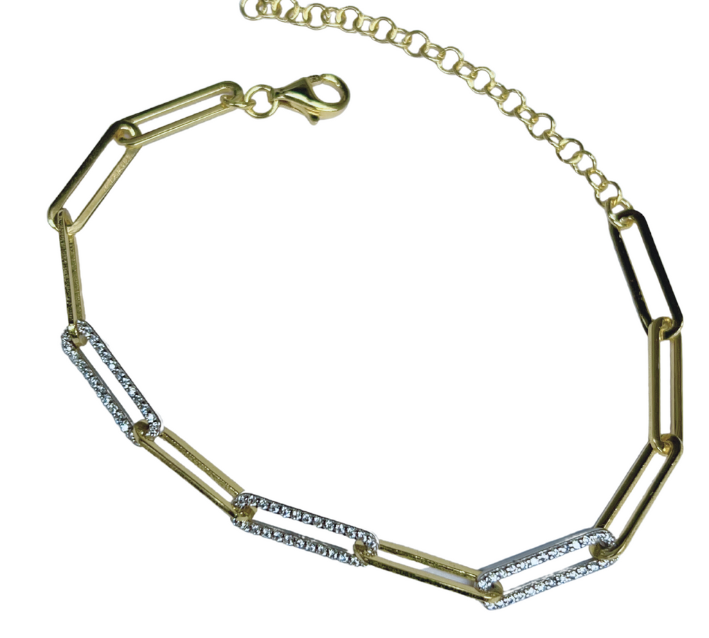 Two Tone CZ Paperclip Bracelet
