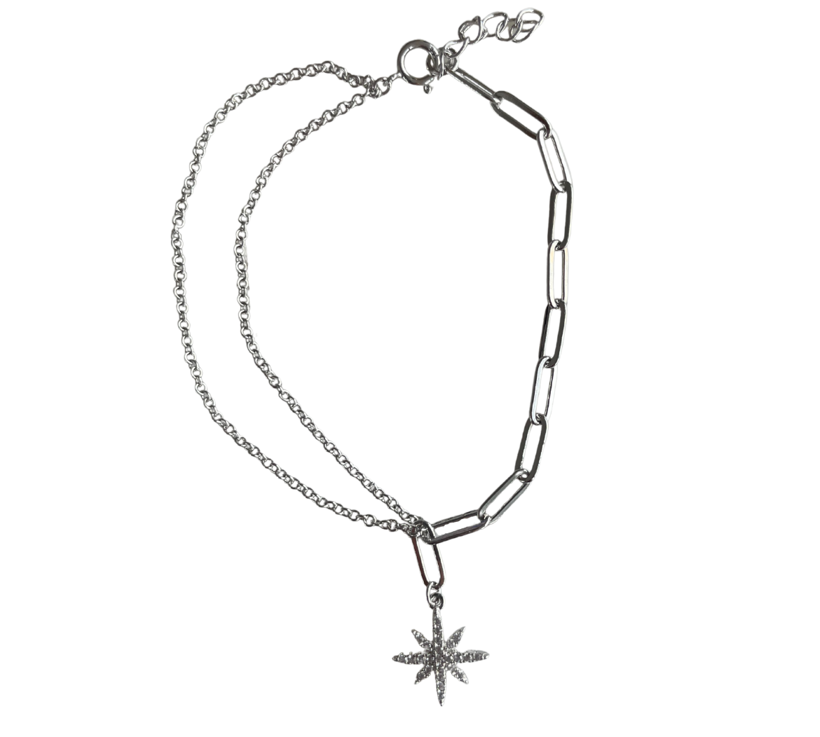 Half Link/ Chain CZ Dangling Star Bracelet
