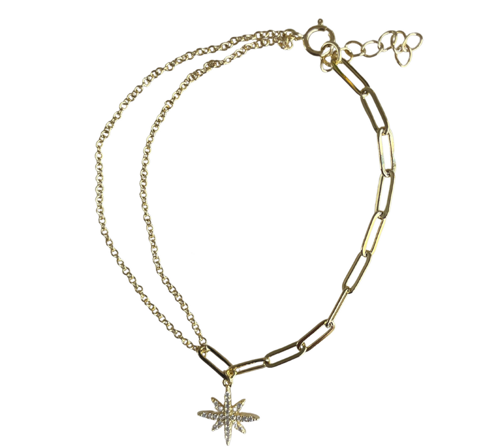 Half Link/ Chain CZ Dangling Star Bracelet