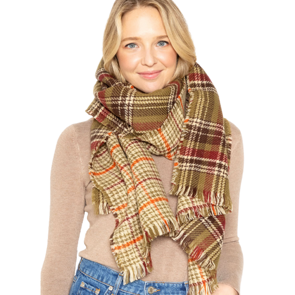 Reversible Plaid Checkered Frayed Scarf