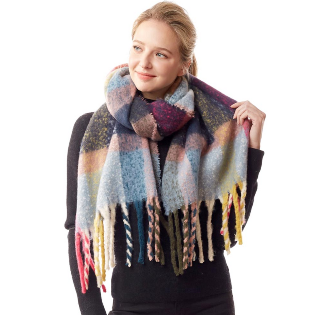 Multi Color Plaid Check Fuzzy Oblong Scarf