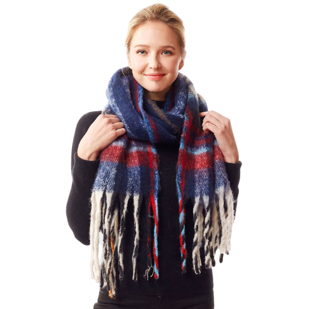 Navy Plaid Check Patterned Fuzzy Knit Oblong Scarf