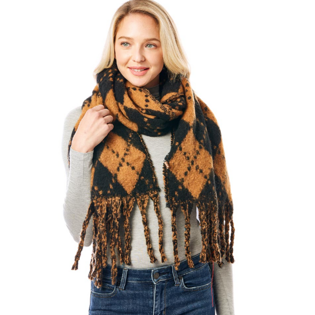 Brown Argyle Print Oblong Scarf With Fringe