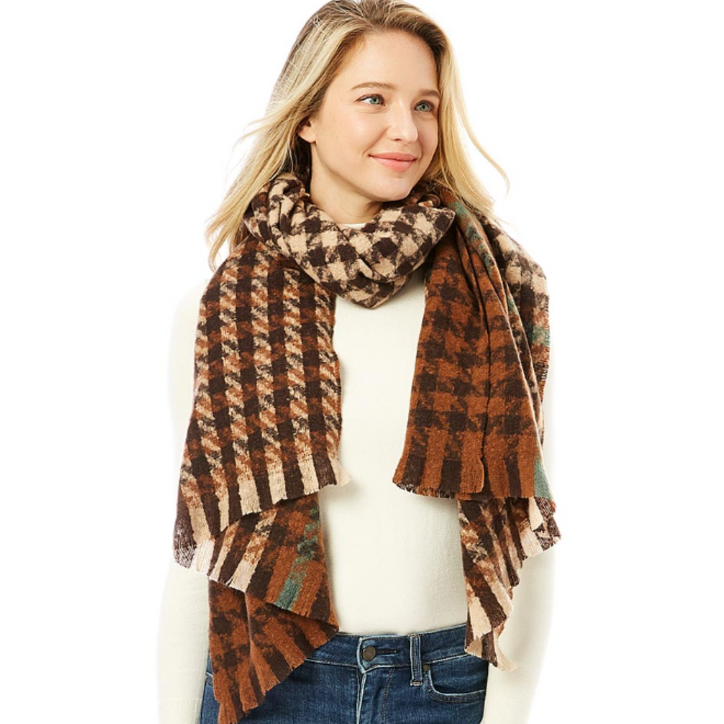 Brown Houndstooth Oblong Scarf Shawl