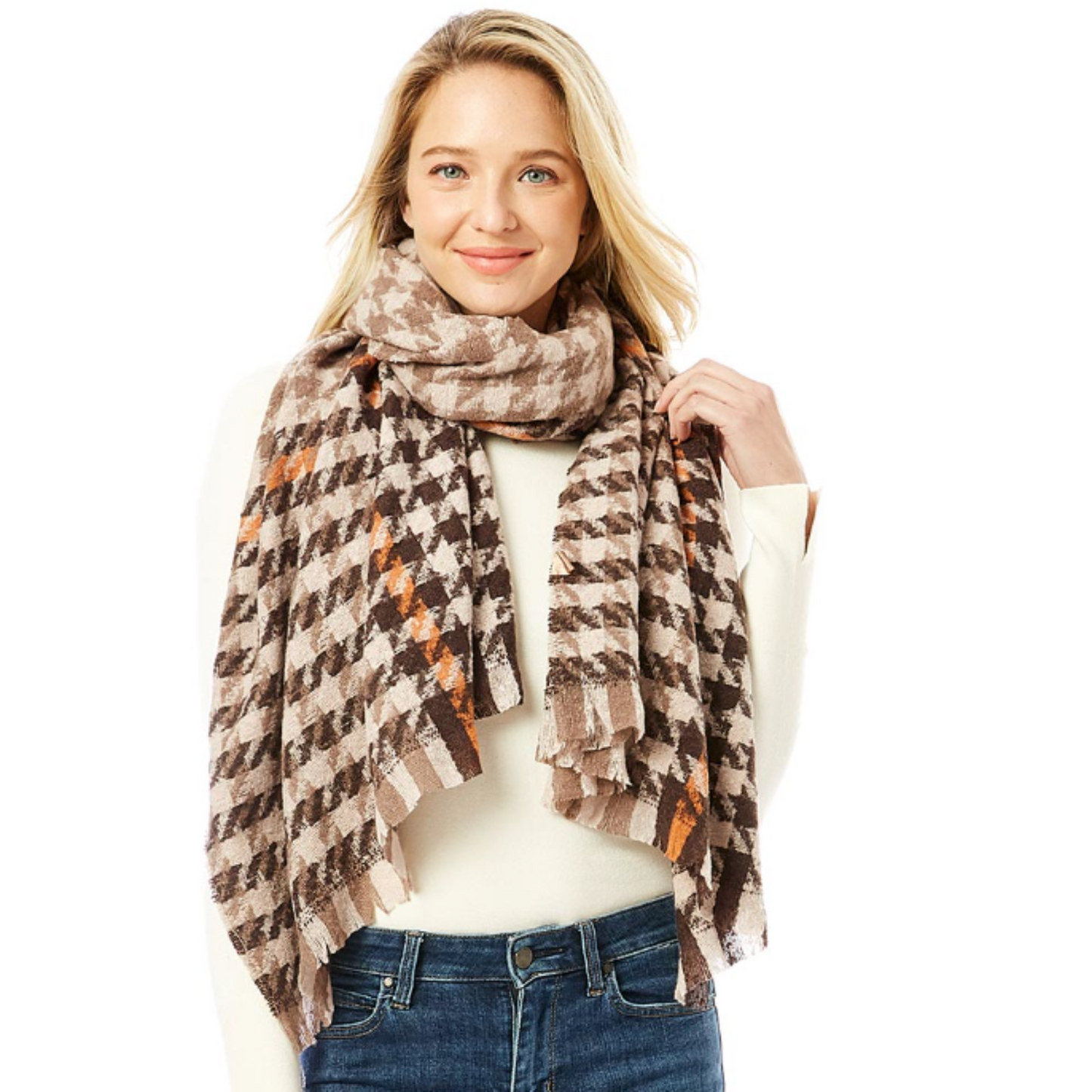 Pink Houndstooth Oblong Scarf Shawl