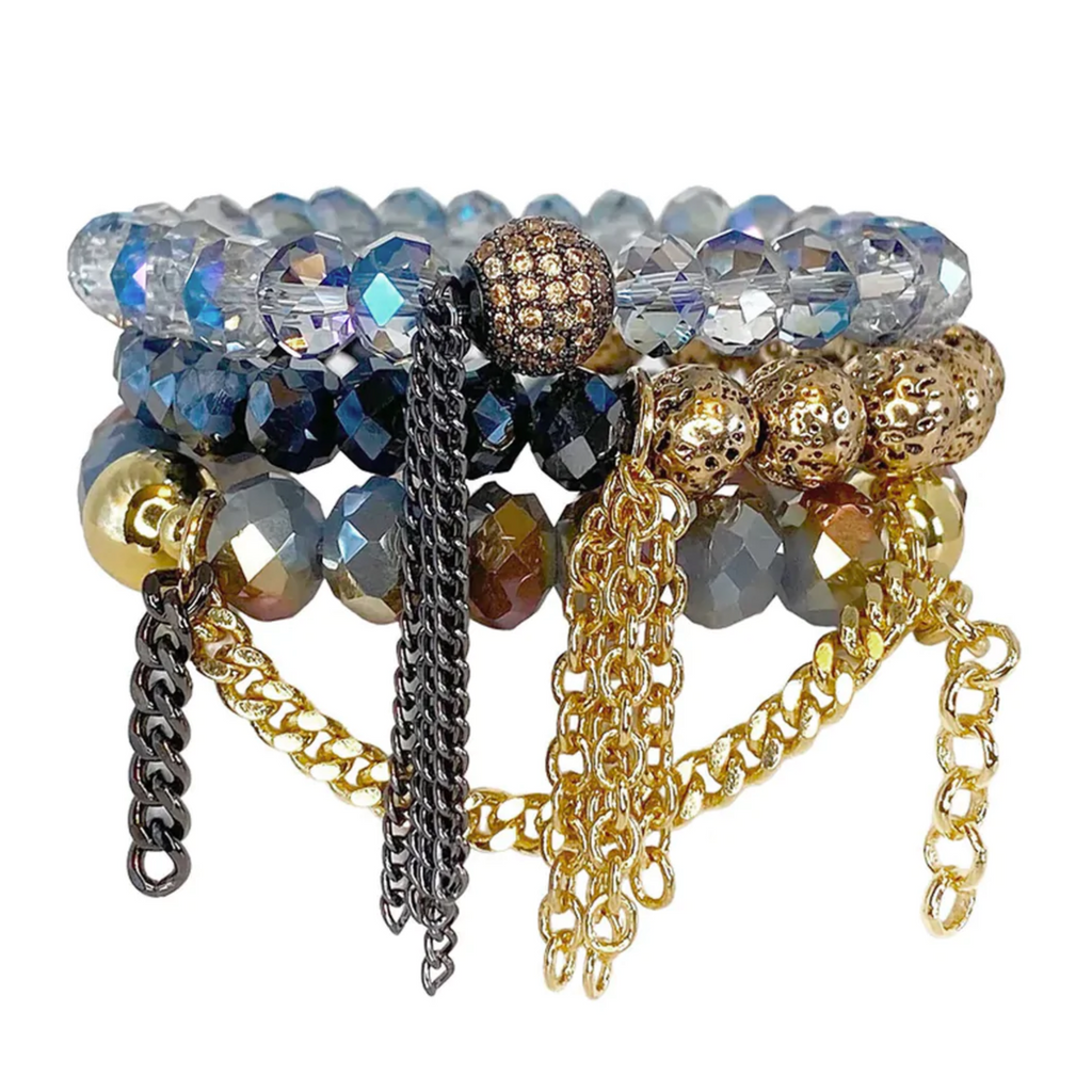 Lillian Blue Stack of Crystal Tassel Bracelets