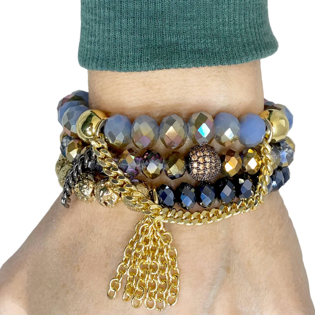 Lillian Blue Stack of Crystal Tassel Bracelets